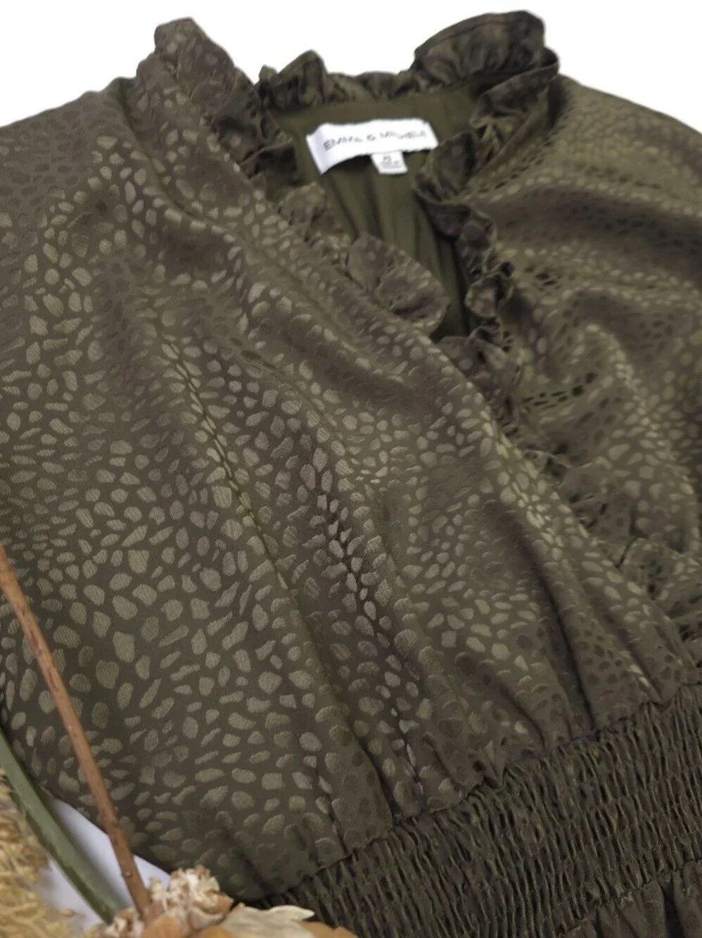 Emma & Michelle Olive Green Ruffled Waist Smocked Dress Sz PS - Picture 7 of 13